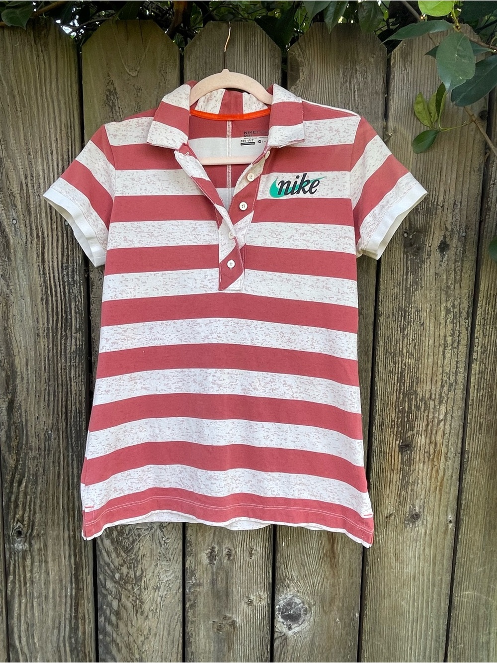 Nike Golf Dri-FIT Striped Polo Shirt Pink Coral White Retro Logo Women’s M